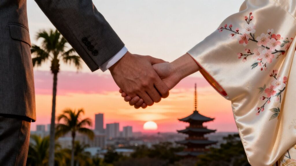 Florida and Japan real estate professionals shaking hands.