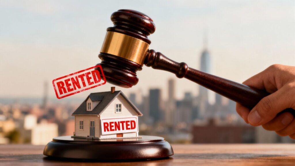 Gavel striking a miniature house with a 'RENTED' sign.