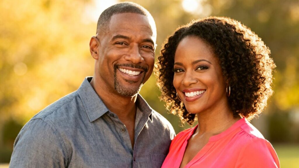 [Egypt Sherrod] and [Mike Jackson] smiling outdoors.