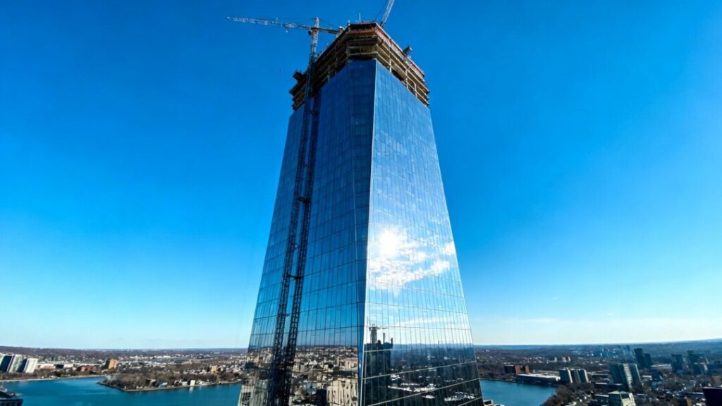 Modern skyscraper construction with cranes against blue sky.