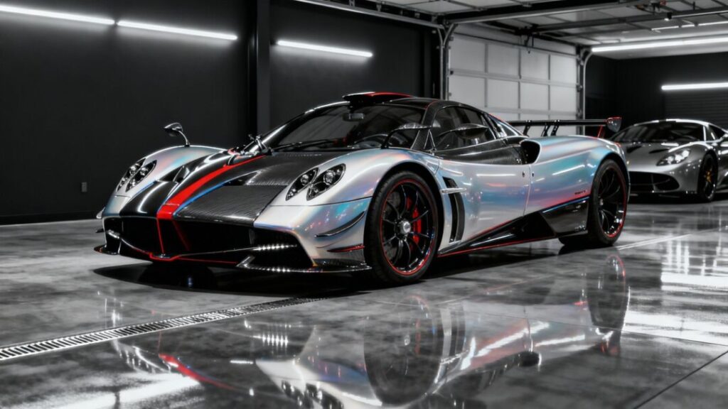 Pagani supercar in a luxury private garage.