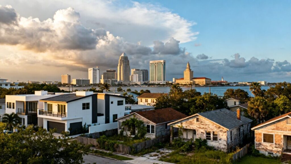 Tampa Bay skyline with houses and cloudy sky.