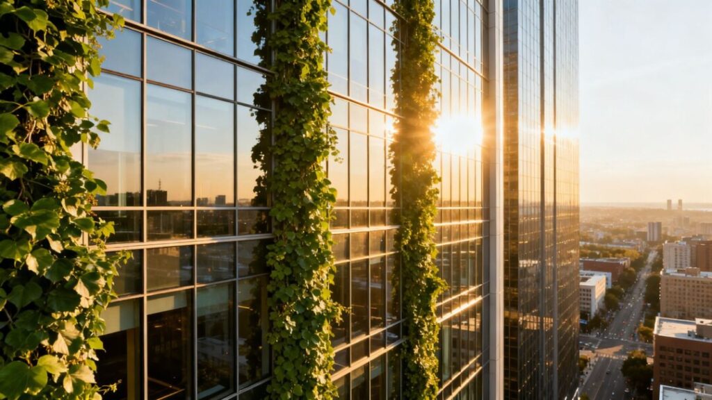 NYC skyscraper with green vine and sunlight.