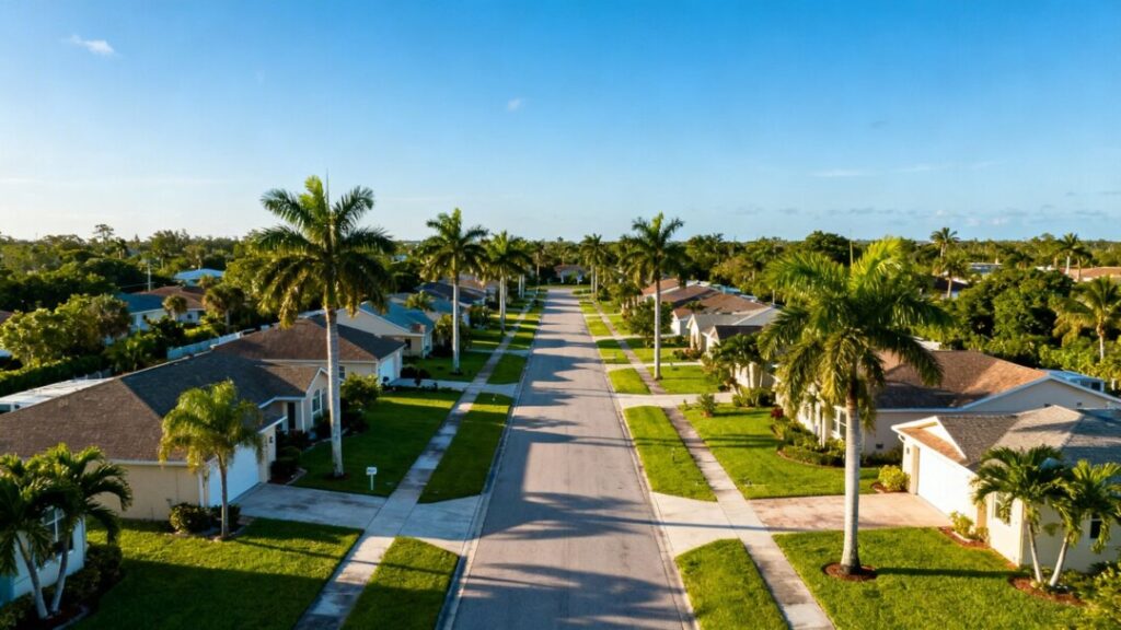 South Florida homes with palm trees under a clear sky.