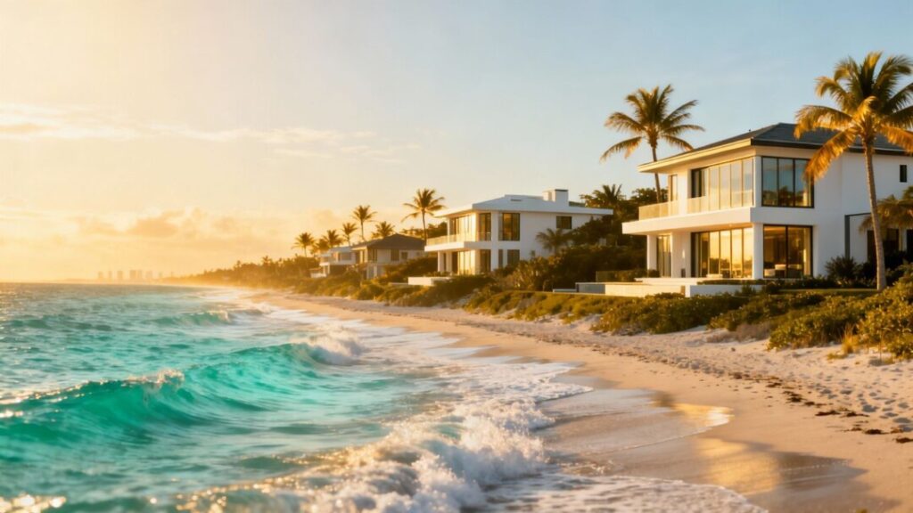 Florida coastline with luxury homes and ocean.