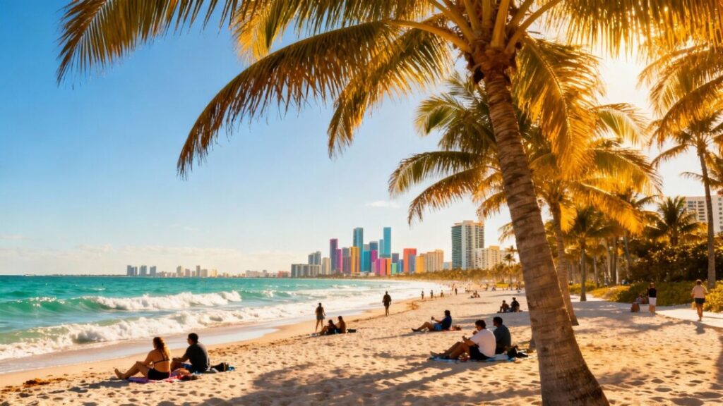 Miami beach with palm trees and ocean.
