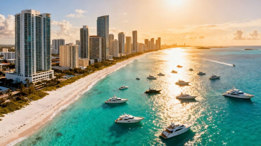 Miami skyline and ocean view with luxury yachts.