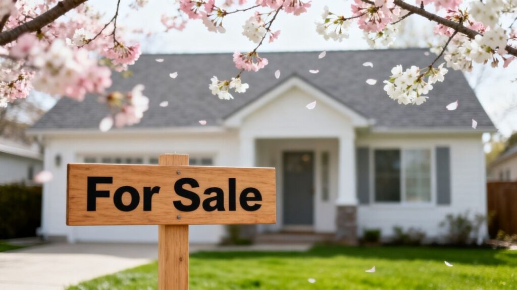 House with 'For Sale' sign, spring blossoms in background.