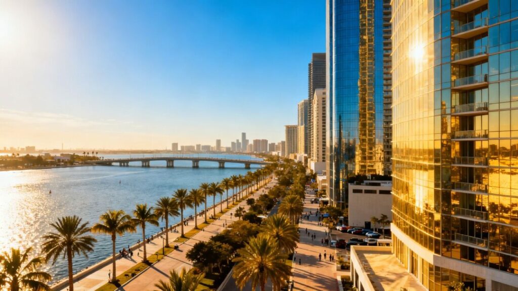 Florida and Texas skylines with palm trees and sunshine.