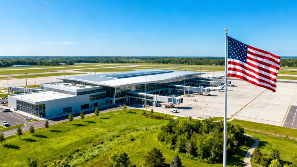 Palm Beach Airport with American flag