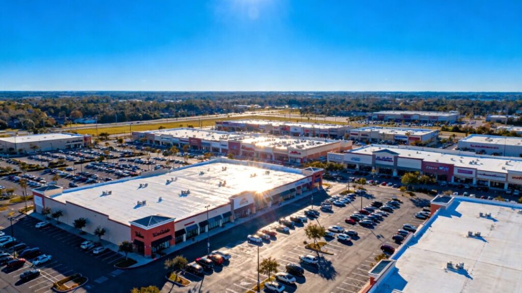 Retail shopping center with multiple buildings and parking lots.