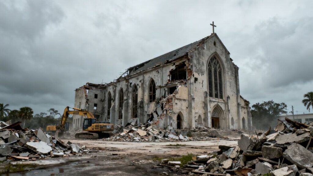 Demolished church building in Florida with construction debris.