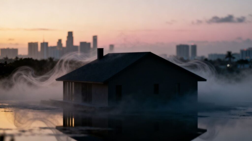 Miami skyline with a house, conveying grief and real estate.