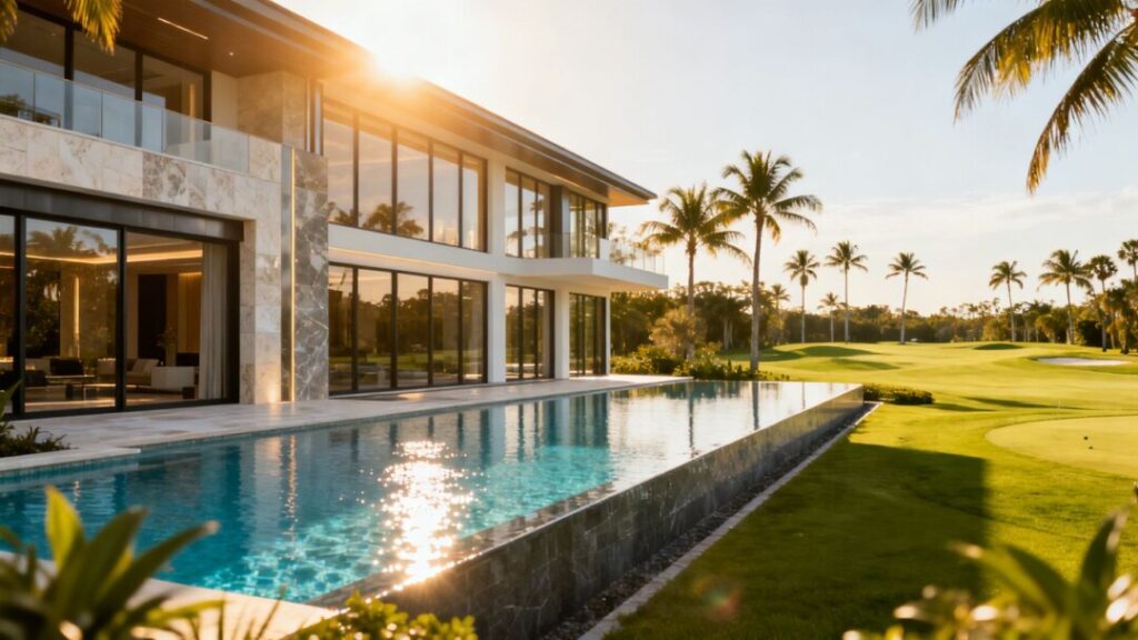 Luxury Florida mansion with pool and golf course view.