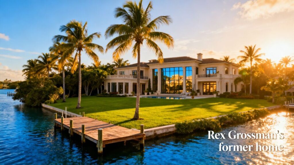 Waterfront estate with mansion, lawn, and private dock.