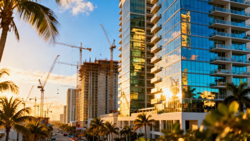 Miami skyline with apartment buildings and construction cranes.