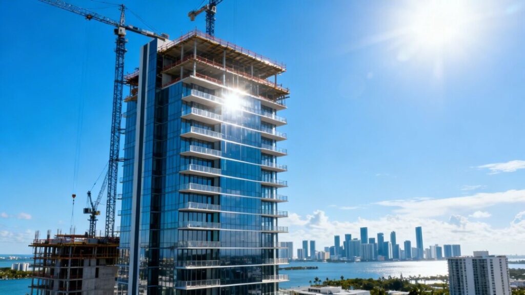 Miami condo tower construction with skyline view.