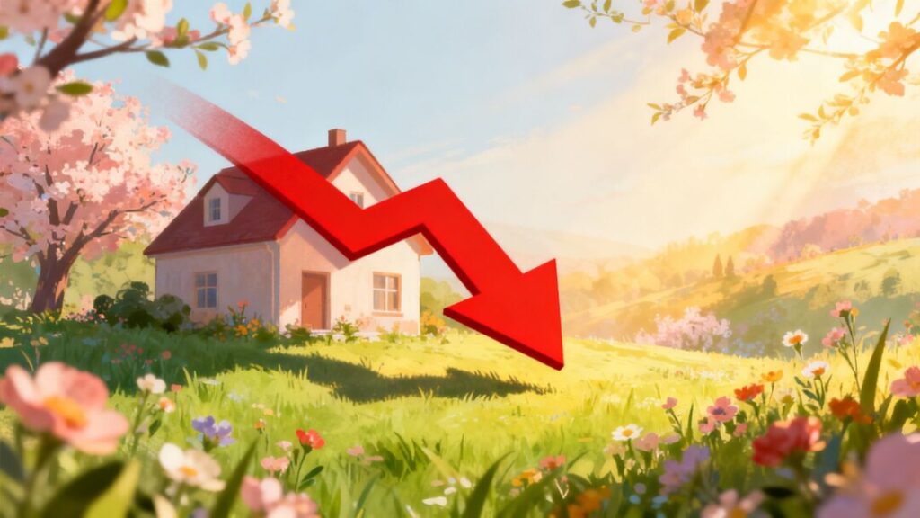 House with downward arrow, spring landscape background.