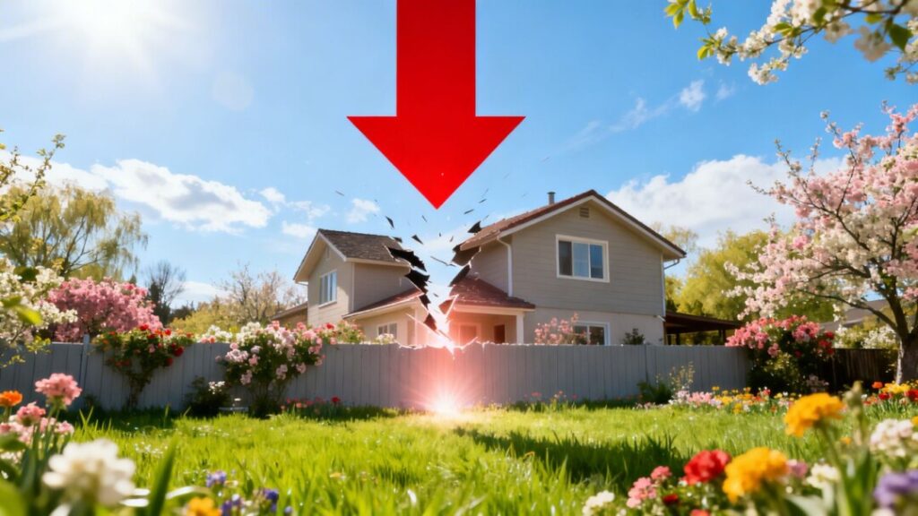 House with downward arrow, spring bloom, mortgage rates drop.