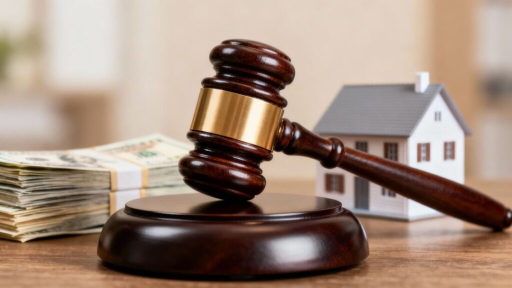Gavel, money, and house symbolizing real estate settlement.
