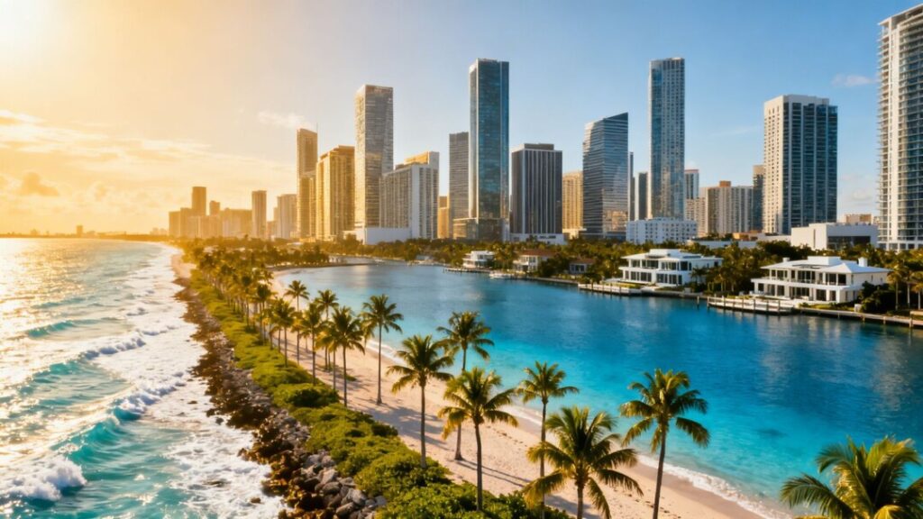 South Florida skyline with luxury buildings and ocean.