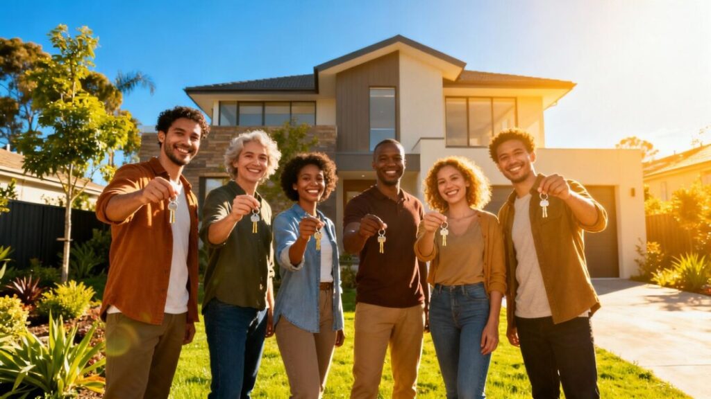 New homeowners celebrating with keys in front of their house.