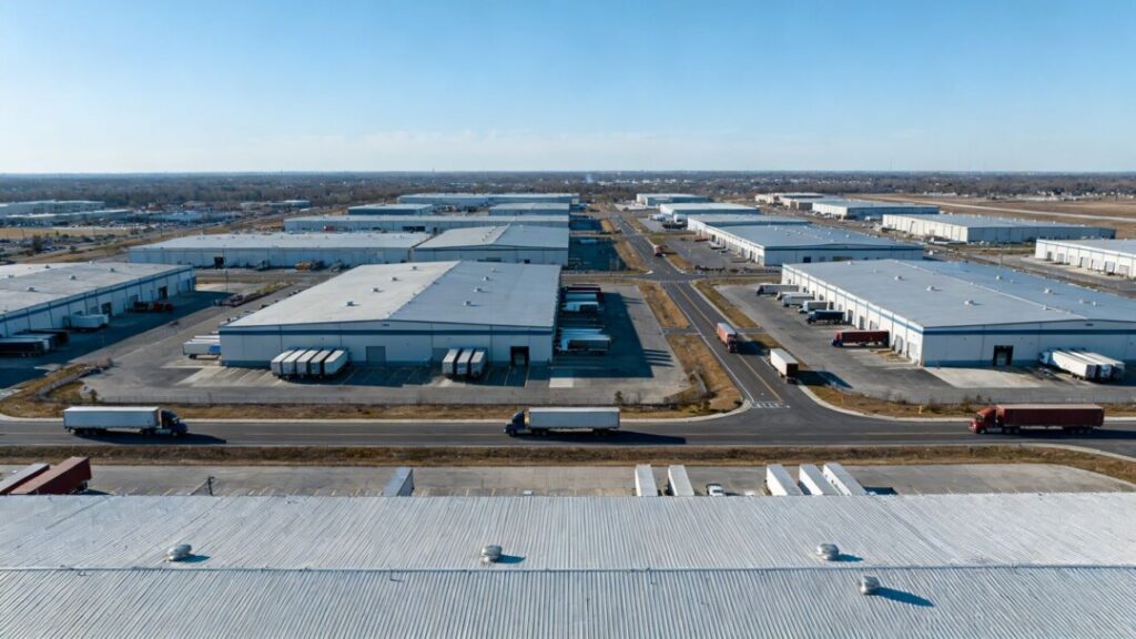 Orlando industrial park with warehouses and trucks.