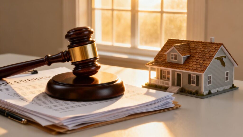 Gavel and legal documents near Florida house.