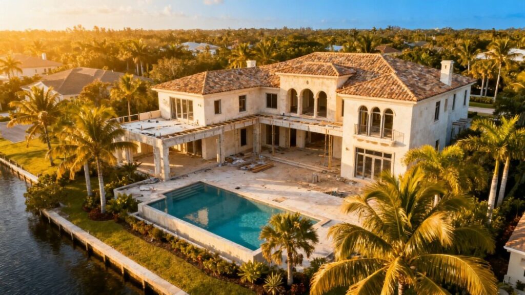 Unfinished Florida mansion with pool and palm trees