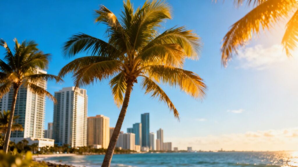 Florida coastline with skyscrapers and palm trees.