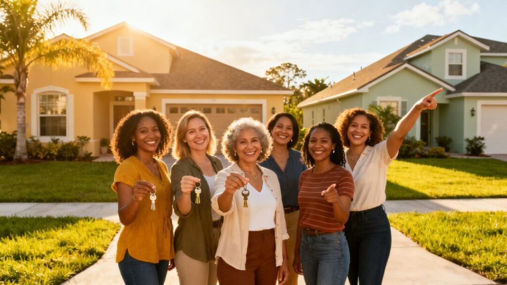 Florida women proudly standing in front of their homes.
