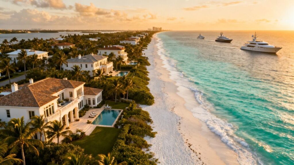 Luxury waterfront mansions and palm trees in Palm Beach, Florida.