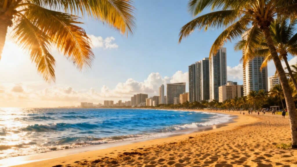 Florida coast with cityscape and palm trees.