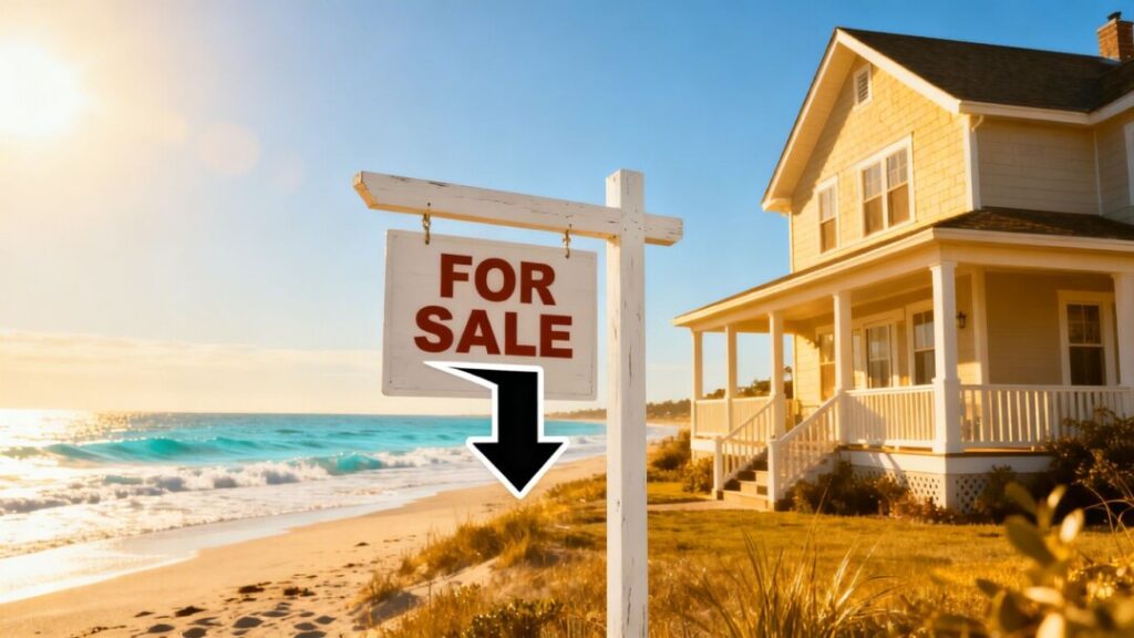 Coastal home with a downward arrow indicating falling prices.