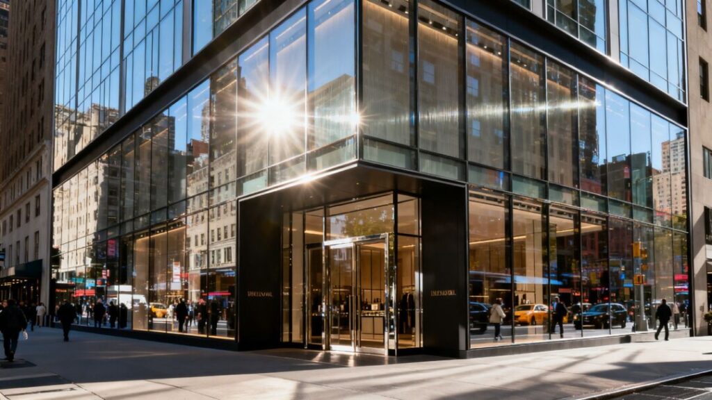 Fifth Avenue building facade, NYC flagship store entrance.