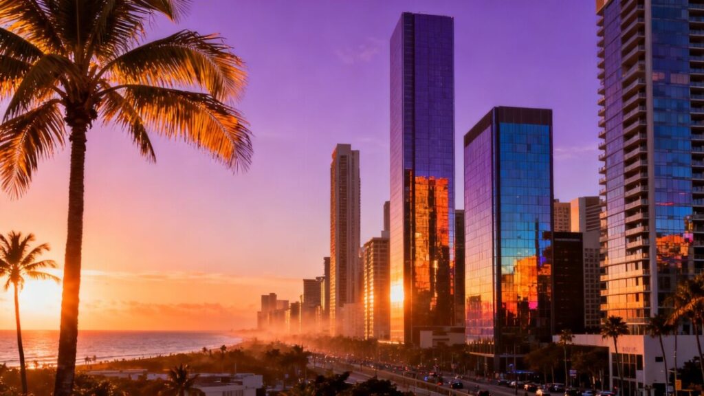 Miami skyline at sunset with palm trees.