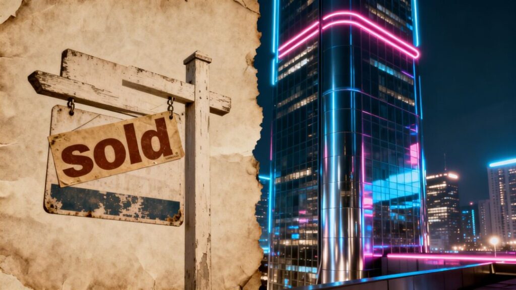 Modern cityscape versus old real estate sign.