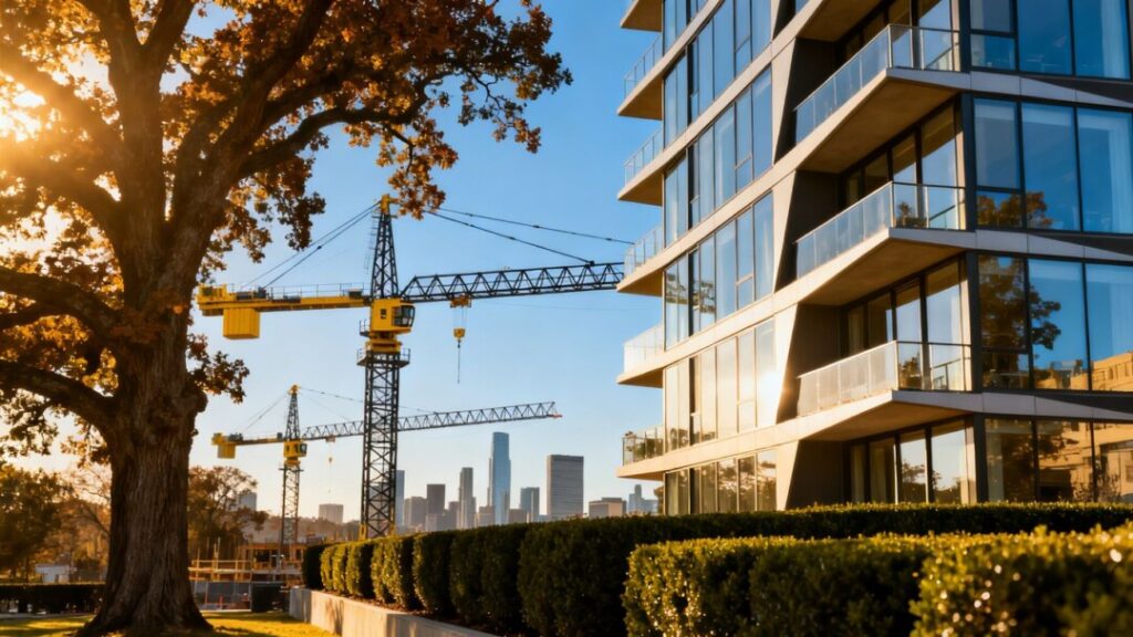 New affordable housing building with cranes in the background.