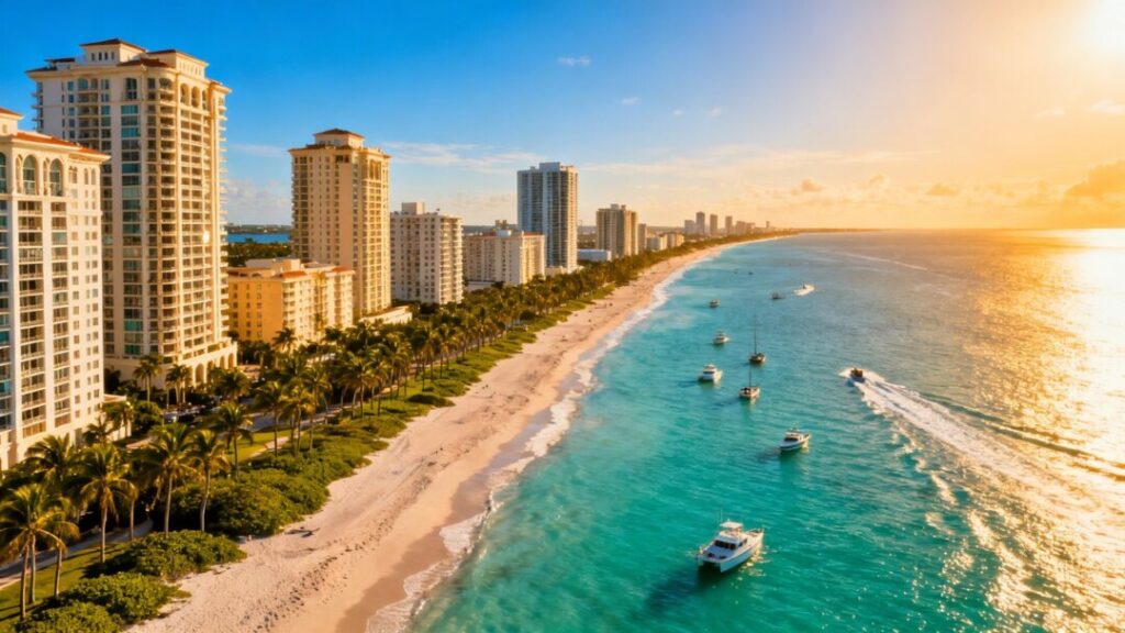 Florida coast with buildings, beaches, and boats.