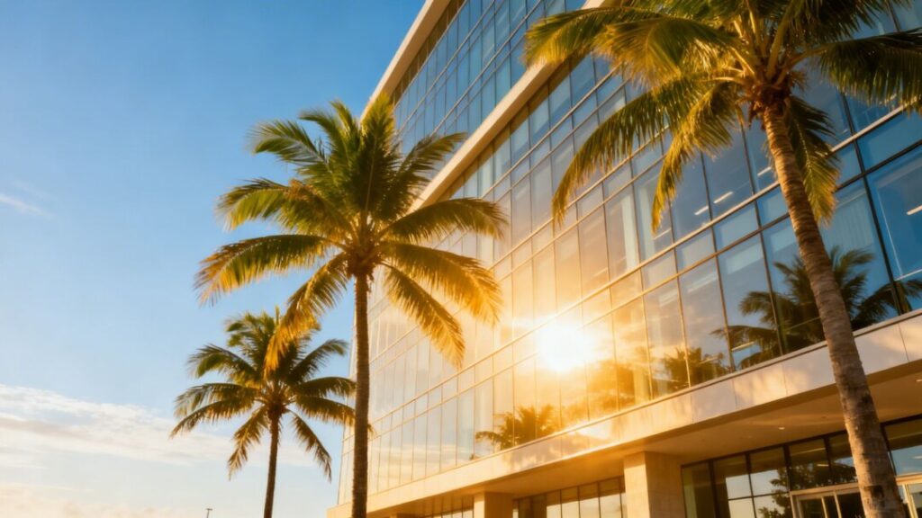 Modern Florida office building with palm trees and blue sky.