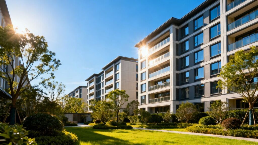 Modern apartment complex with landscaping under a blue sky.
