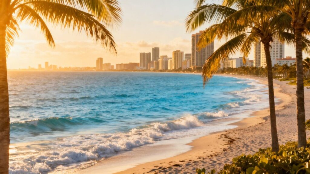 Florida coast with cityscape, palm trees, and ocean.