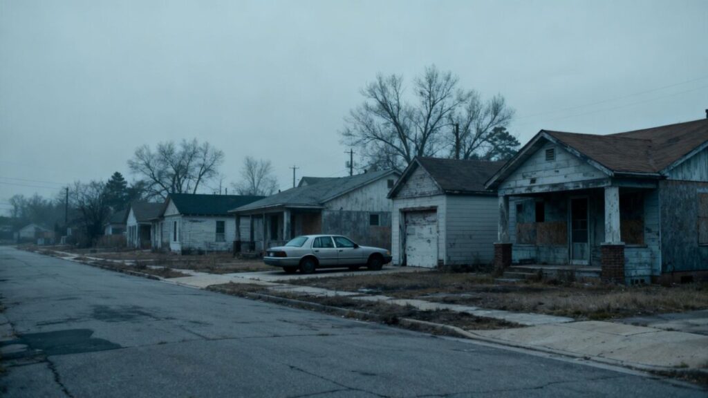 Empty suburban street with houses.