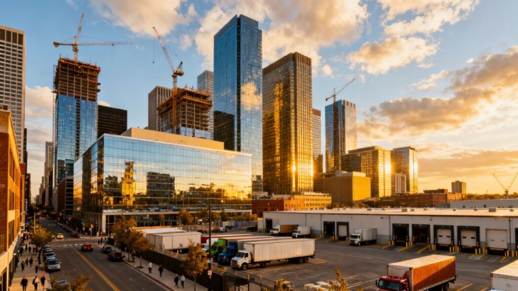 Miami skyline with new construction and commercial buildings.