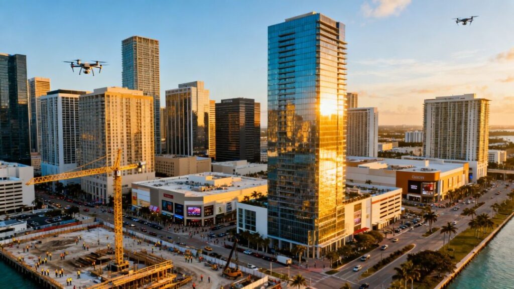 Florida commercial real estate cityscape with skyscrapers and construction.