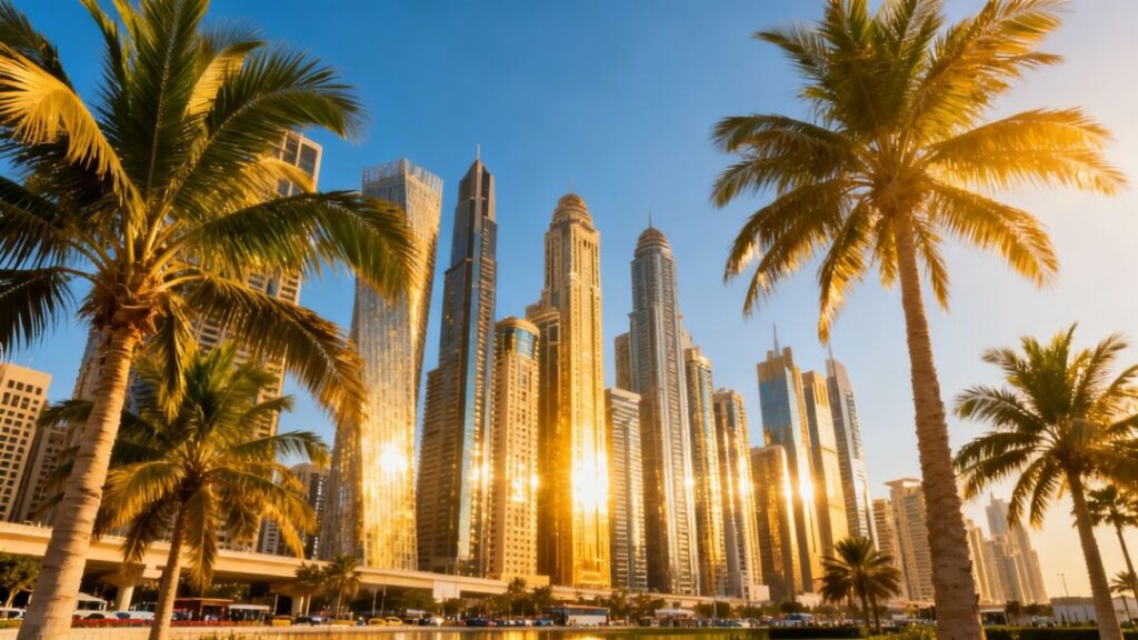 Florida cityscape with skyscrapers and palm trees.