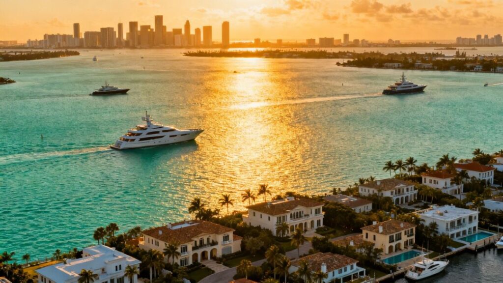 Miami skyline with luxury mansions and yachts at sunset.