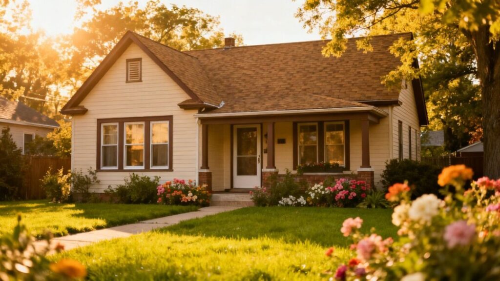 Affordable Detroit starter home with green lawn and flowers.