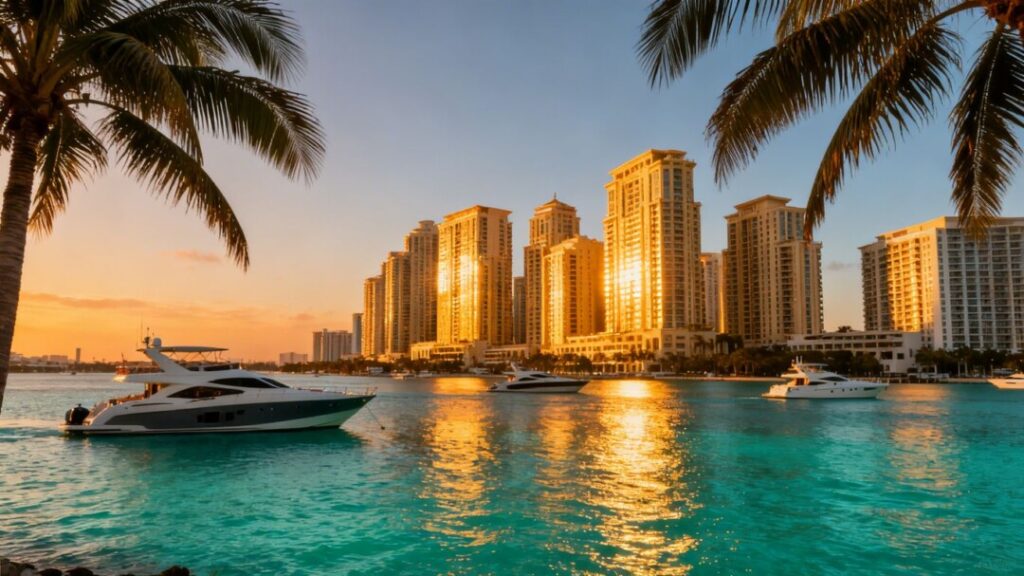 Miami skyline with luxury buildings and yachts at sunset.