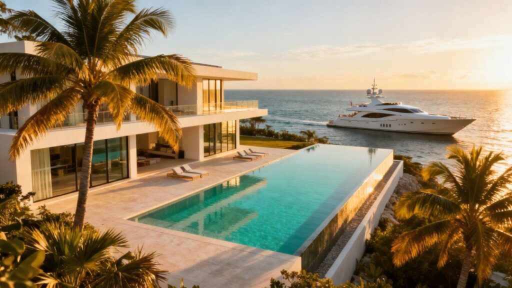 Luxury mansion with infinity pool and ocean view.